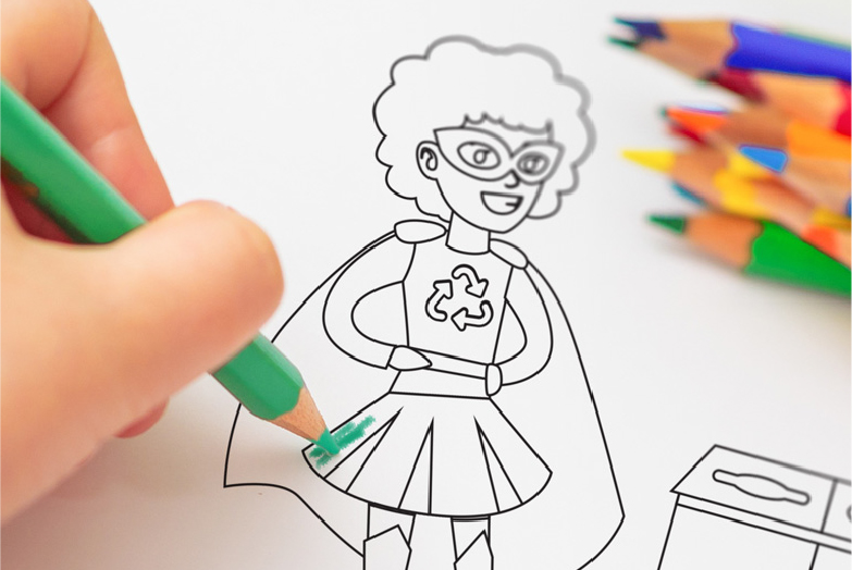 Photo of a child coloring in the superhero Recycle Ruby