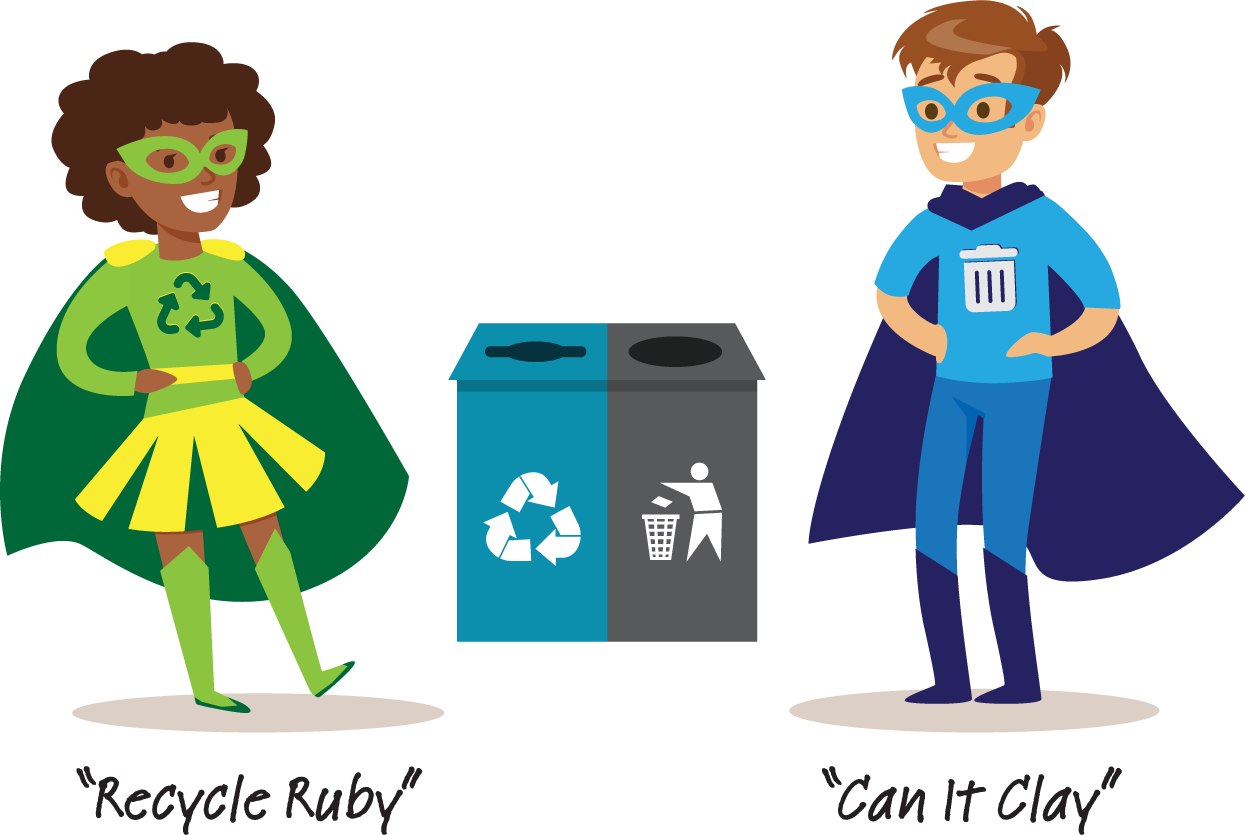 image of our superheroes: Recycle Ruby and Can-it Clay