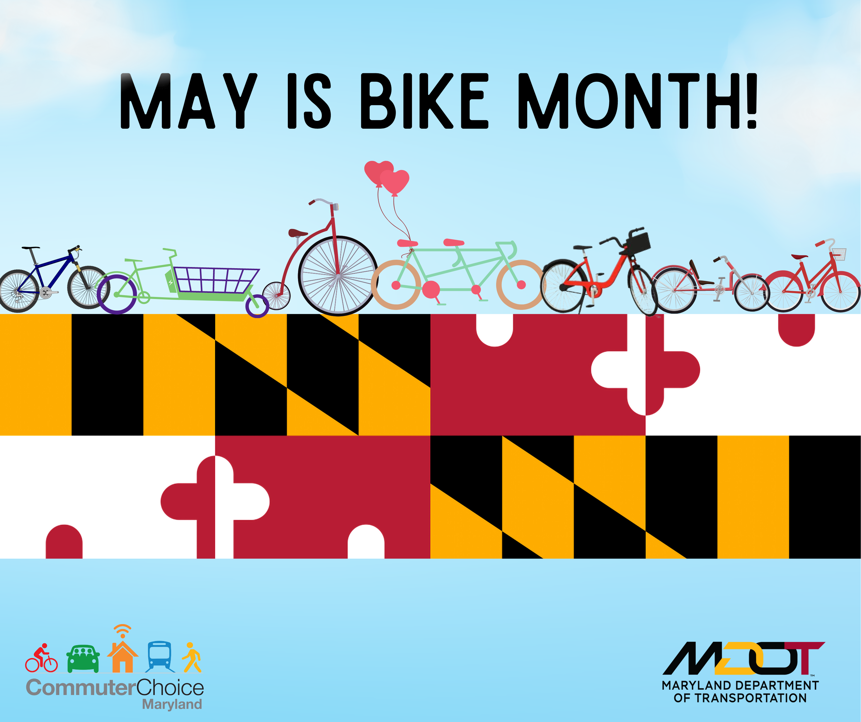 May is Bike Month image of bikes on Maryland flag