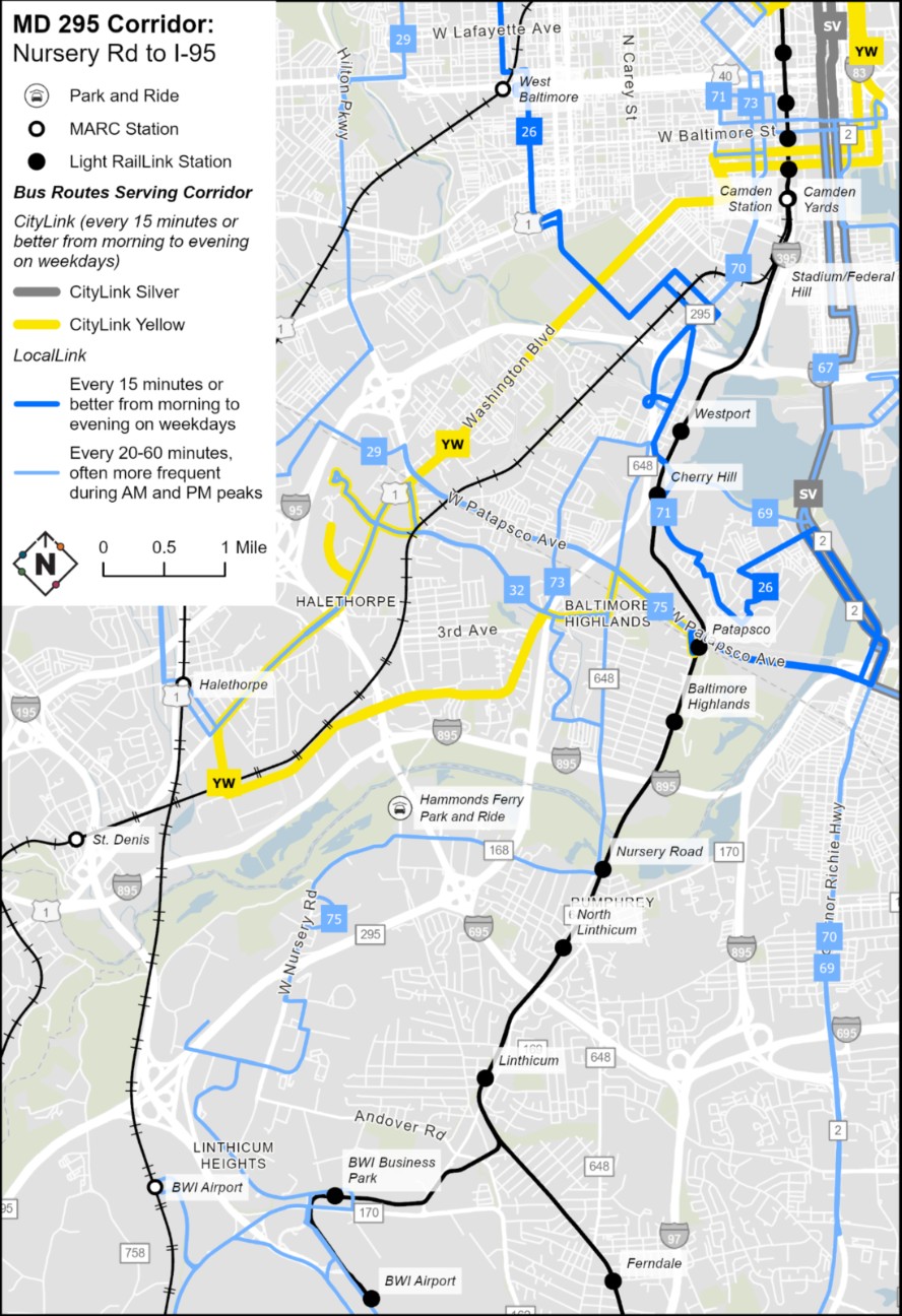 Map Image of the MD295 Corridor with Light Rail, MARC, and CityLink Bus Stops shown within the corridor