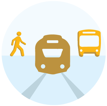 Multimodal Icon with Walking Man, Transit Bus, and Commuter Rail