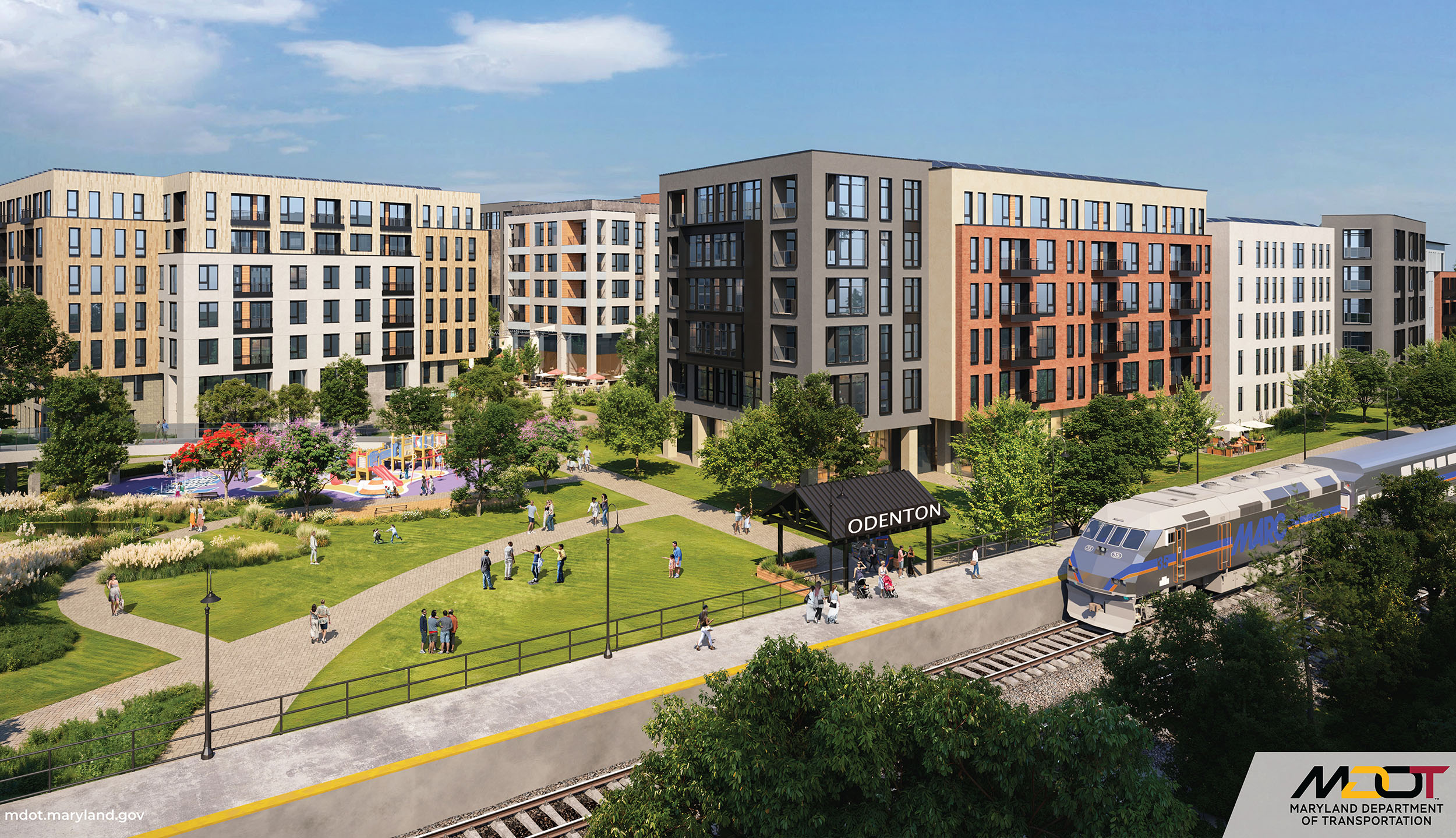 A preliminary rendering of transit-oriented development at Odenton MARC station.