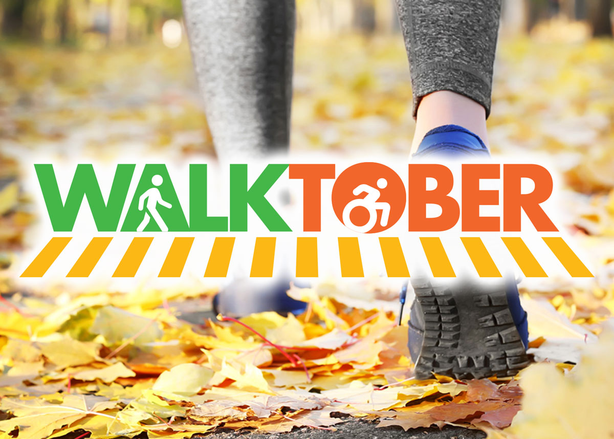 Walktober Logo on top of background of leaf covered path and close up of two feet with athletic shoes walking
